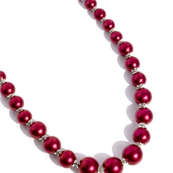 Beautiful Cranberry Red & Silver Faux Pearl Fashion Necklace Set - Picture 1 of 3